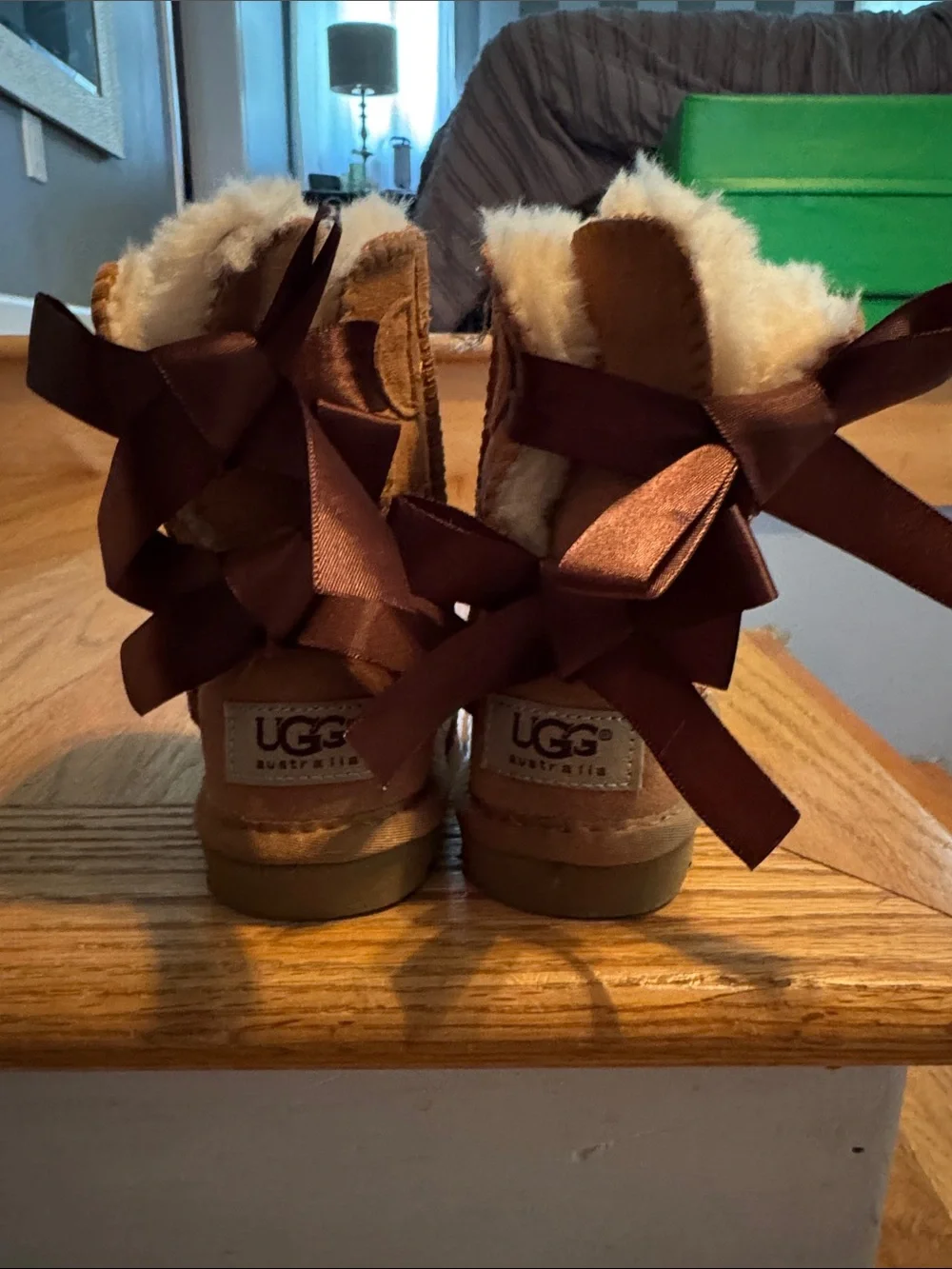 UGG Kids Chestnut Tan Suede Boots with Back Ribbon